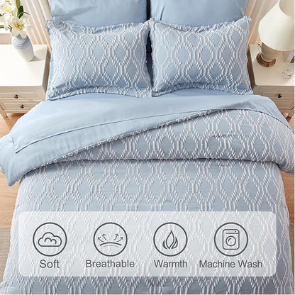 EMME Queen Comforter Set - 7 Pcs Blue Boho Bedding Sets, Full Size Tufted Comforter with Sheets, Shabby Chic Embroidery Queen Bed Set Fluffy Bed Bag for All Season(90"X90")