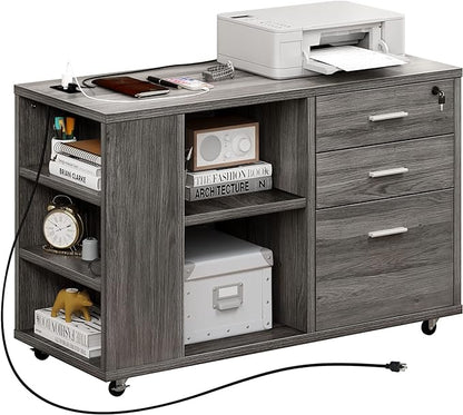 YITAHOME File Cabinet with Charging Station, Mobile Lateral Filing Cabinet with Lock for Home Office, Printer Stand with Open Storage Shelf, Fits A4, Letter, Legal Size Files, Office Furniture, Grey