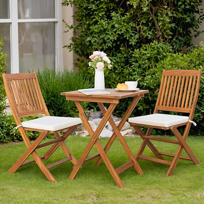 Greesum 3 Piece Patio Folding Furniture Bistro Set with 2 Chairs and Square Table for Pool Beach Backyard Balcony Porch Deck Garden, Acacia Wood