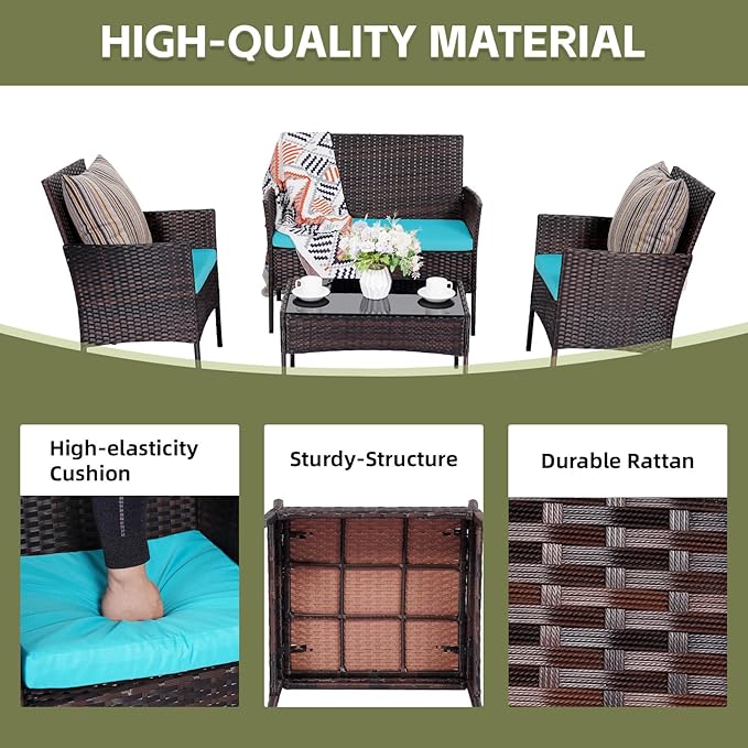 Patio Furniture Set,4 Piece Garden Conversation Set, Outdoor Wicker Rattan Table and Chairs, Black Patio Set, Sectional Sofa with Thick Cushion for Garden, Yard, or Porch (Brown/Blue)