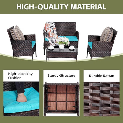 Patio Furniture Set,4 Piece Garden Conversation Set, Outdoor Wicker Rattan Table and Chairs, Black Patio Set, Sectional Sofa with Thick Cushion for Garden, Yard, or Porch (Brown/Blue)