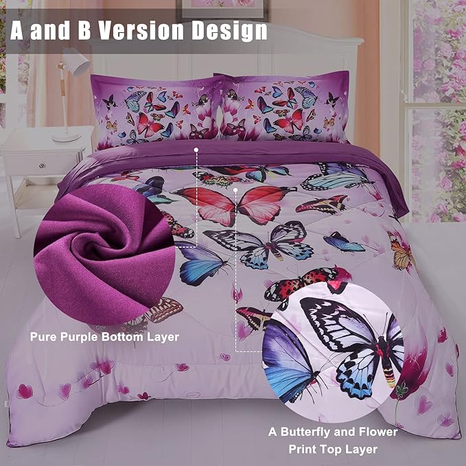 ENCOFT Purple Butterfly Comforter Sets Full Size 3 Pieces, Girls Teen Kids Quilted Bedspread Comforter Bedding Sets, Butterfly Bedding Sets Full