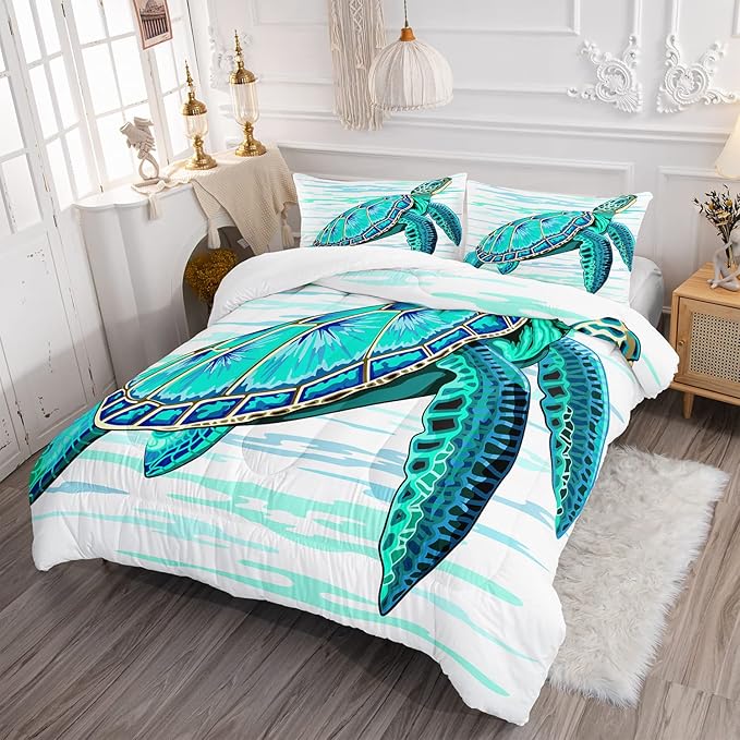 CVHOUSE Sea Turtle Bedding Set,Sea Turtle Comforter Twin,Ocean Bohemia Comforter Set for Boys Kids Girls,Ocean Quilt Set with 1 Comforter and 2 Pillow Cases