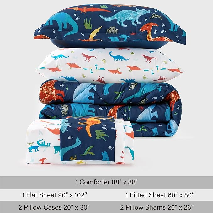Kids Queen Dinosaur Bedding Comforter Set for Boys, 7 Pieces Queen Size Dinosaur Kids Bedding Set, Super Soft Lightweight Microfiber Comforter Set with Sheets for All Seasons