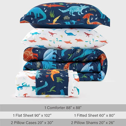 Kids Queen Dinosaur Bedding Comforter Set for Boys, 7 Pieces Queen Size Dinosaur Kids Bedding Set, Super Soft Lightweight Microfiber Comforter Set with Sheets for All Seasons