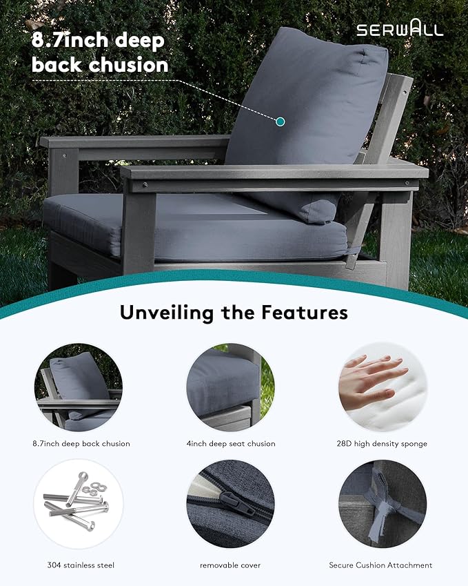 SERWALL HDPE Patio Coversation Set, 7-piece Outdoor Sectional Sofa Set, All Weather Patio Couch Set Patio Furniture for Balcony, Deck, Grey Frame with Grey Cushion