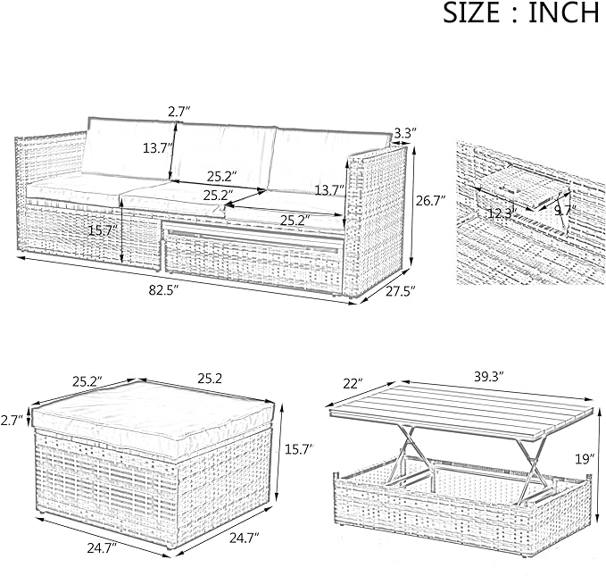 Modular Rattan Outdoor Sectional Furniture, Wicker Conversation Patio Sets with Plywood Coffee Table and Lounger Sofa for Backyard, Dc-Dark Gray