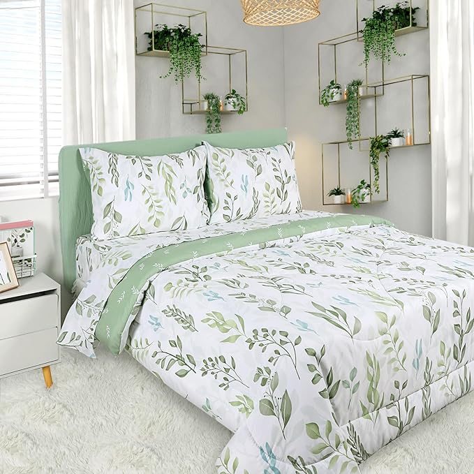 DILIMI Full Size Comforter Set for Girls, 5 Pieces Reversible Comforter Full Size, Ultra Soft Green Leaf Full Size Bed Comforter Sets with Sheet, Comforter, Flat Sheet, 2 Pillowcase