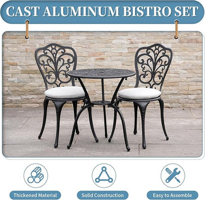 Patio Bistro Set 3 Piece Outdoor, All Weather Bistro Table and Chairs Set of 2 with Umbrella Hole, Outdoor Bistro Set with Cushions, Cast Aluminum Patio Furniture Set for Garden Porch