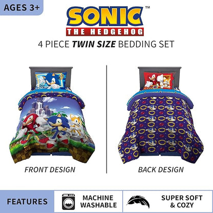 Franco Kids Bedding Super Soft Comforter and Sheet Set, 4 Piece Twin Size, Sonic The Hedgehog, Anime