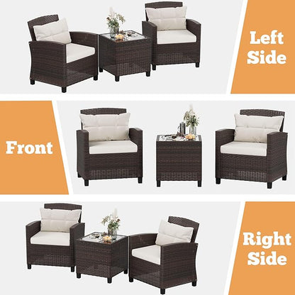 Shintenchi 3 Pieces Patio Furniture Set 3 Pieces PE Rattan Wicker Chairs with Table Outdoor Furniture for Backyard/Garden/Poolside/Outdoor Restaurant Brown Rattan with White Cushion