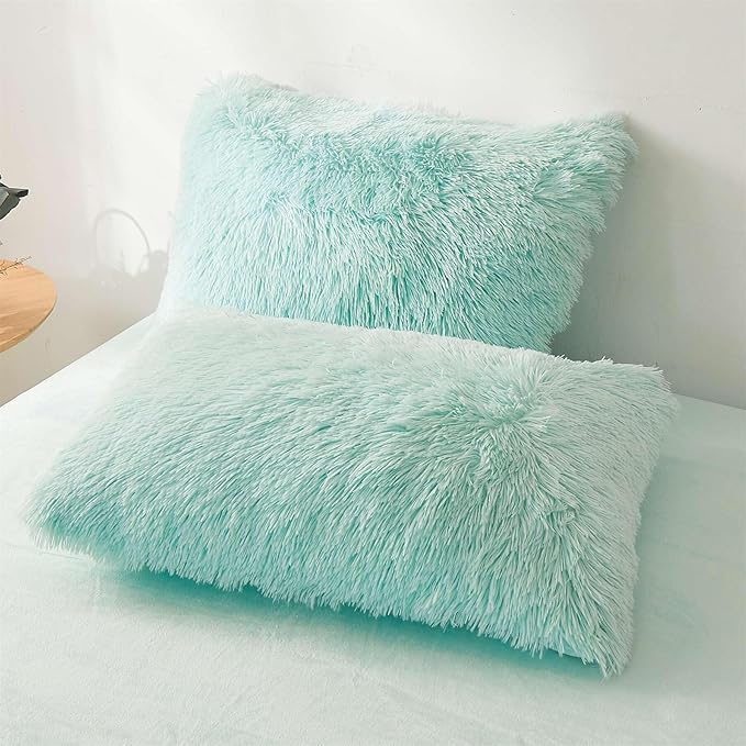 FOPPA Green fluffy Comforter Cover Set king- Ultra Soft fluffy green Bedding Sets 3 Pieces (1 Duvet Cover + 2 Pillow case) green fluffy bed set (Mint Green, King)