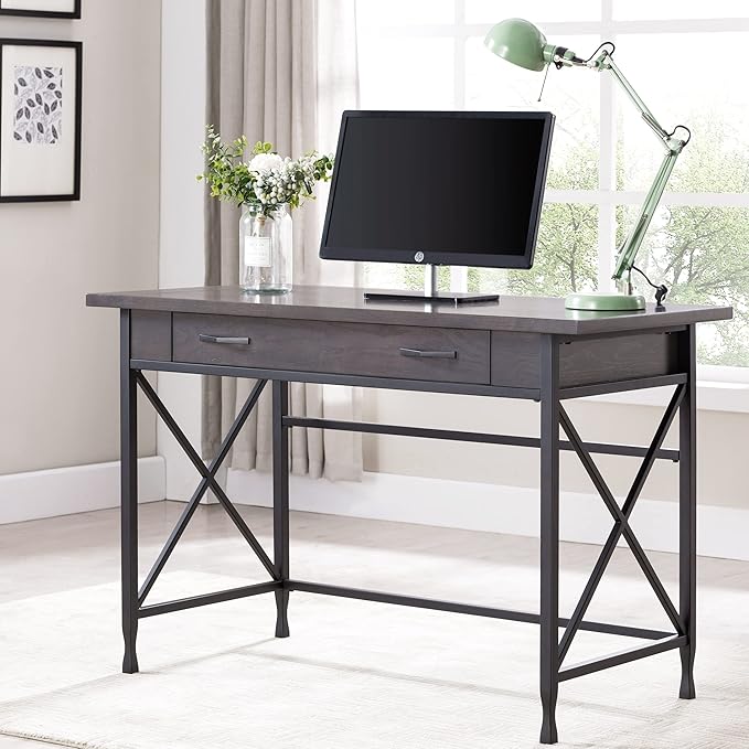 Leick Home 23400 Chisel & Forge Writing Computer Desk with Drop Front Keyboard Drawer, Smoke Gray and Matte Black