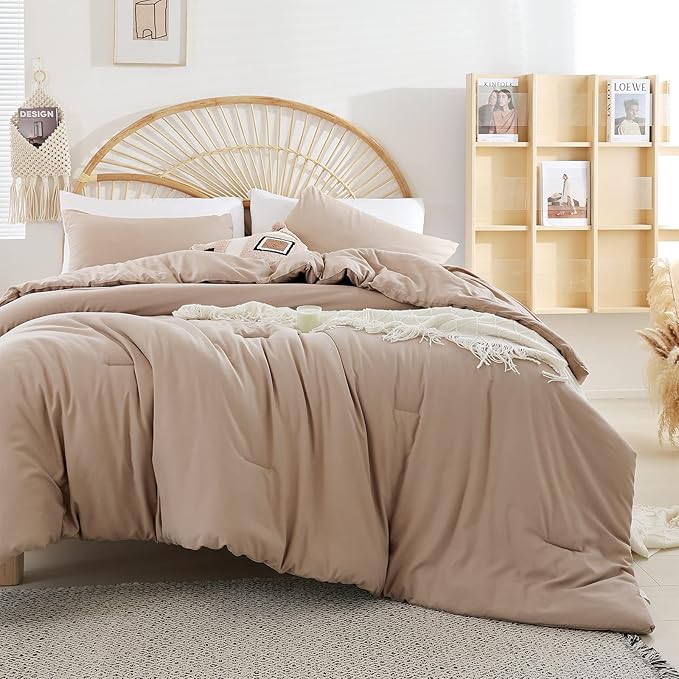 Queen Comforter Set Ultra Soft Microfiber Bed Comforter Set Boho and Luxury 3PC Taupe, with 2Pillowcases Lightweight All Season for Women and Men
