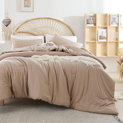 Queen Comforter Set Ultra Soft Microfiber Bed Comforter Set Boho and Luxury 3PC Taupe, with 2Pillowcases Lightweight All Season for Women and Men