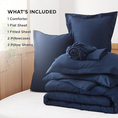 Bedsure Navy King Comforter Set - 7 Pieces Solid King Bed in a Bag, King Bed Set Navy with Quilted Warm Fluffy Comforters, Sheets, Pillowcases & Shams