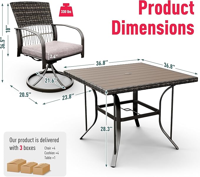 Pamapic 5 Piece Patio Dining Set for 4,Outdoor Wicker Furniture Set for Backyard Garden Deck Poolside with 4 Cushions Swivel Rocker Chairs,Square Plastic-Wood Table Top, Removable Cushions(Gray)