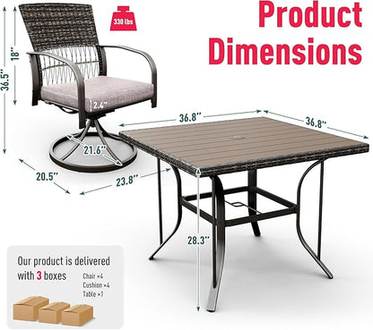 Pamapic 5 Piece Patio Dining Set for 4,Outdoor Wicker Furniture Set for Backyard Garden Deck Poolside with 4 Cushions Swivel Rocker Chairs,Square Plastic-Wood Table Top, Removable Cushions(Gray)