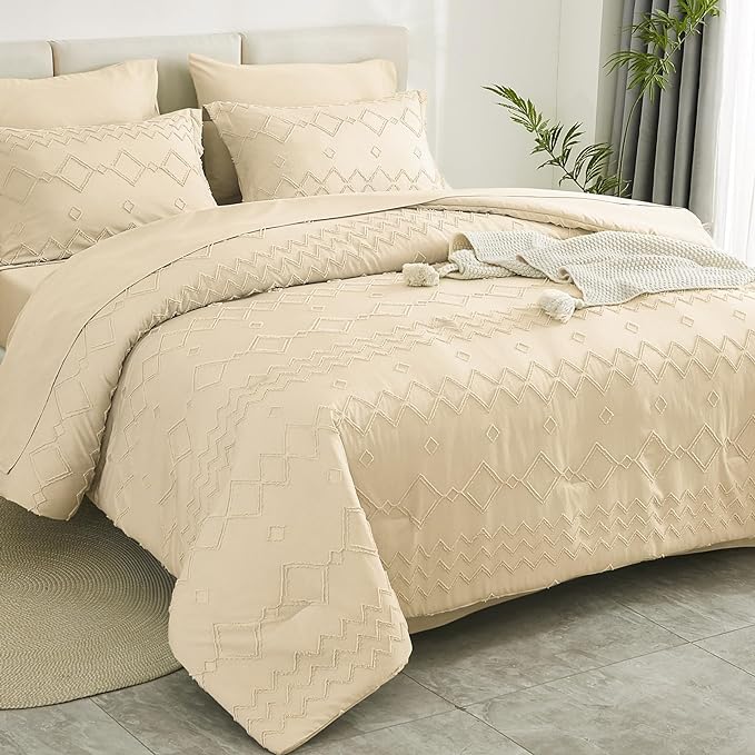 EMME Twin Comforter Set - 5 Pcs Beige Boho Bedding Sets, Tufted Comforter with Sheets, Shabby Chic Embroidery Twin Bed Set Fluffy Bed Bag for All Season(68"X90")