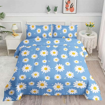Datura home Flower Comforter Set Blue Daisy Floral Printed Pattern Quilt Bedding with 1 and 2 Pillowcases for Girls Women Bedroom All Season(Blue Twin) Twin 68x86inches