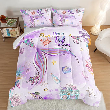 HOSIMA Kids Mermaid Comforter Set with 2 Pillowcases,Watercolor Ocean Life Sea Animal Mermaid Tail Pattern Bedding Set,Light Purpl Comforter for Teens Girls Women Bedroom Full Size Bed in a Bag Set.