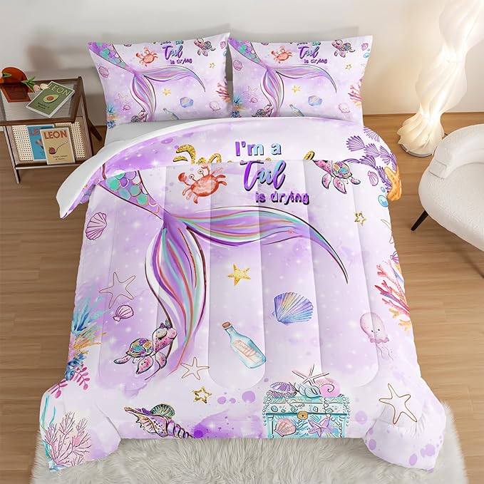 HOSIMA Kids Mermaid Comforter Set with 2 Pillowcases,Watercolor Ocean Life Sea Animal Mermaid Tail Pattern Bedding Set,Light Purpl Comforter for Teens Girls Women Bedroom Twin Bed in a Bag.