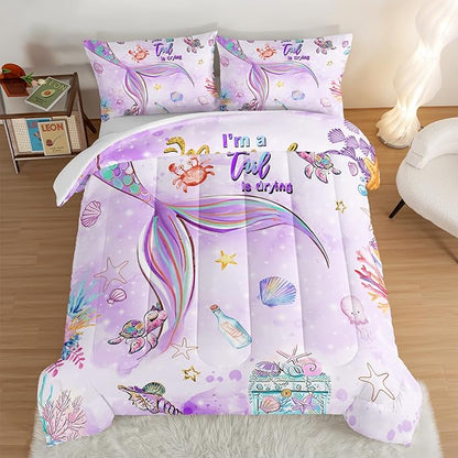 HOSIMA Kids Mermaid Comforter Set with 2 Pillowcases,Watercolor Ocean Life Sea Animal Mermaid Tail Pattern Bedding Set,Light Purpl Comforter for Teens Girls Women Bedroom Twin Bed in a Bag.