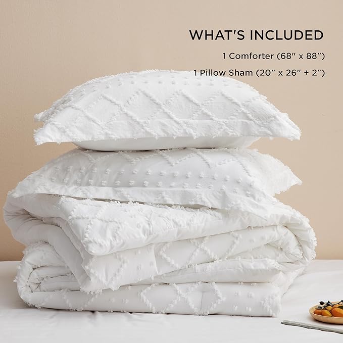 Bedsure Twin XL Comforter Set - White Twin Extra Long Comforter Set for College, Shabby Chic Dorm Bedding Set, 2 Pieces Boho Farmhouse Bed Set, includes 1 Pillow Sham