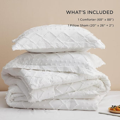 Bedsure Twin XL Comforter Set - White Twin Extra Long Comforter Set for College, Shabby Chic Dorm Bedding Set, 2 Pieces Boho Farmhouse Bed Set, includes 1 Pillow Sham