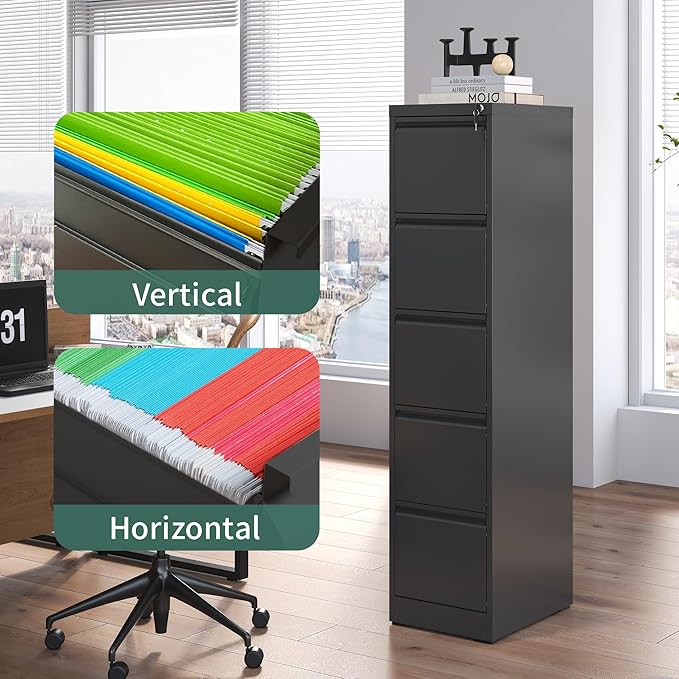 5 Drawer File Cabinet with Lock, Metal Vertical Filing Cabinets for Home Office, Steel Storage Cabinet for Hanging Legal/Letter Size Files, Assembly Required (Black)