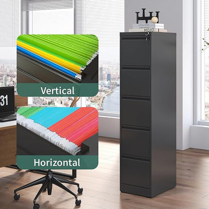 5 Drawer File Cabinet with Lock, Metal Vertical Filing Cabinets for Home Office, Steel Storage Cabinet for Hanging Legal/Letter Size Files, Assembly Required (Black)