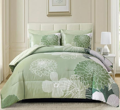 Yiran Bed in a Bag Green Comforter 7 Pieces Floral Bedding Set Soft Microfiber King Comforter Sets with 1 Comforter 1 Flat Sheet 1 Fitted Sheet 2 Pillowshams and 2 Pillowcases