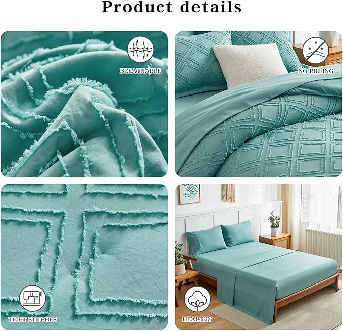 7 Pieces Tufted Bed in a Bag King Comforter Set with Sheets Green, Soft and Embroidery Shabby Chic Boho Bohemian, Luxury Solid Color with Diamond Pattern, Jacquard Tufts Bedding Set for All Season