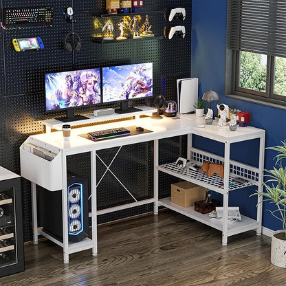 L Shaped Computer Desk with Power Outlets & LED Light, 49.6" Reversible Corner Computer Desk with Storage Shelves & Monitor Stand, Home Office Desk, Gaming Desk, Writing Desk (White)