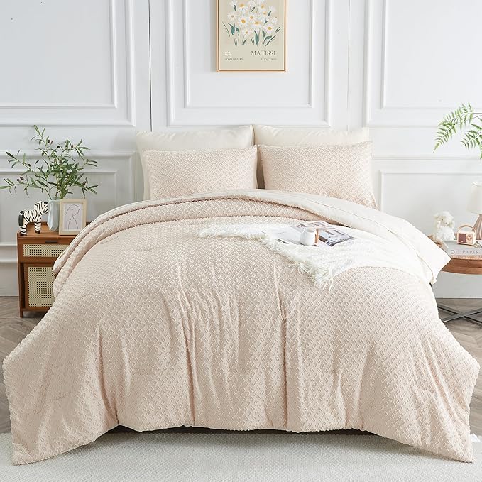Queen Size Kids Comforter Set for Girls 7 Piece Beige Boho Tufted Kids Bedding Set for Boys Bed in A Bag Quilt Set with 1 Comforter,1 Flat Sheet, 1 Fitted Sheet, 2 Pillowcase and 2 Pillow Sham