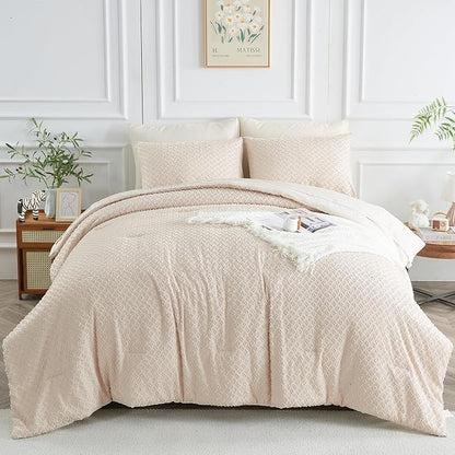 Twin Size Tufted Kids Comforter Set 6 Piece Beige Jacquard Tufts Embroidery Bedding Set for Boys Girls Bed in A Bag Quilt with 1 Comforter, 1 Flat Sheet, 1 Fitted Sheet, 1 Pillowcase and 2 Pillow Sham