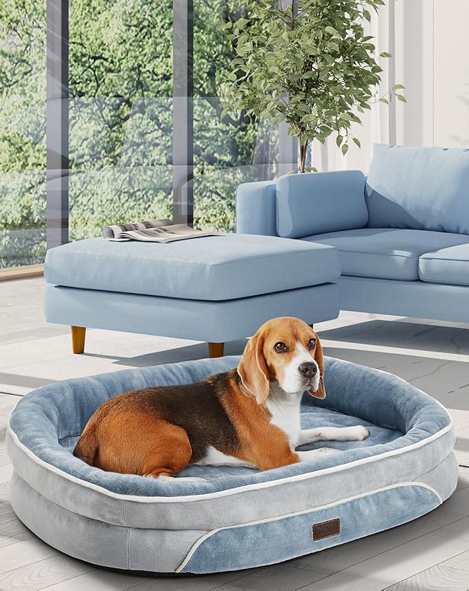 OhGeni Orthopedic Dog Bed Couch for Large Sized Pets with Egg Foam Support, Four-Sided Bolster Cushions, Soft Tear-Resistant Fabric, and Removable Machine Washable Plush Cover 35-Inch (Washed Blue)