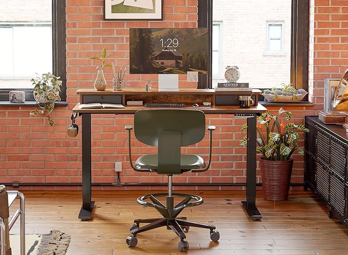 FEZIBO 60 x 24 Inch Height Adjustable Electric Standing Desk with Double Drawer, Stand Up Desk with Storage Shelf, Sit Stand Desk, Rustic Brown