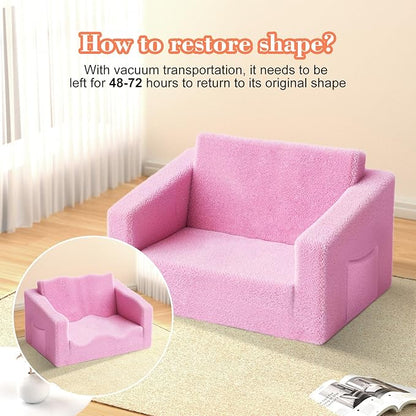 Extra Wide 2 Seater Kids Couch, 2-in-1 Toddler Chairs for Boys & Girls, Kids Sofa with Storage, Comfortable Mini Couch for Kids, Fun Kids Lounge Chair, Toddler Furniture,Children's Gifts(Pink)