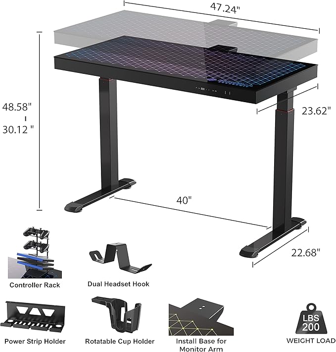 EUREKA ERGONOMIC RGB Glass Gaming Desk, Music Studio Desk, 47 Inch Adjustable Height Computer Desk Music Sensing LED Sit Stand Desk for Home Office Gamer w Dual Motors,USB Ports, APP Control