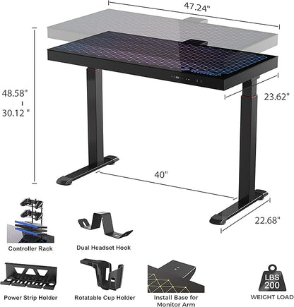 EUREKA ERGONOMIC RGB Glass Gaming Desk, Music Studio Desk, 47 Inch Adjustable Height Computer Desk Music Sensing LED Sit Stand Desk for Home Office Gamer w Dual Motors,USB Ports, APP Control