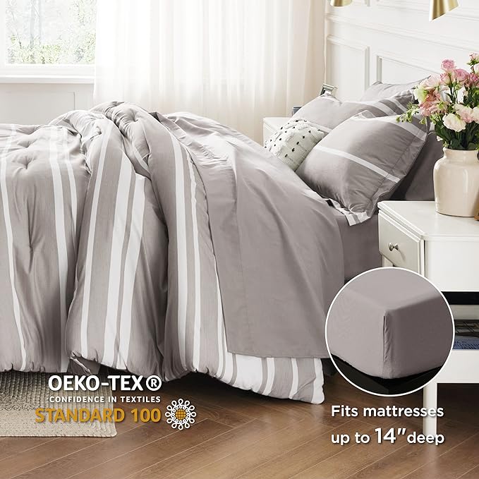 Bedsure Bed in a Bag Queen Size 7 Pieces, Warm Taupe White Striped Bedding Comforter Sets All Season Bed Set, 2 Pillow Shams, Flat Sheet, Fitted Sheet and 2 Pillowcases