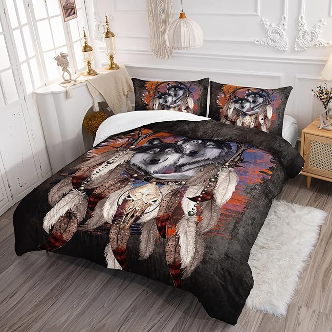 Wolf Dream Catcher Comforter Set for Kids Teens Girls Retro Modern Wildlife Animal Comforter Tie Dye Wolf Bedding Set for Kids Teens Room Decor
