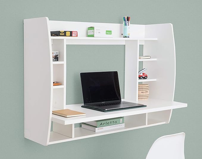 Wall Mount Laptop Office Desk with Shelves, White,