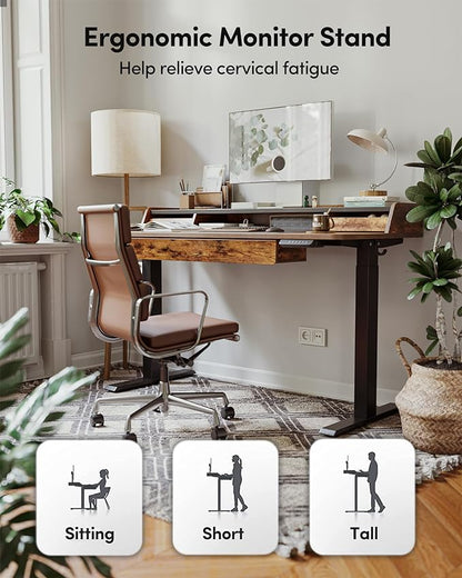 BANTI Height Adjustable Electric Standing Desk with Three Drawers, 48 x 25 Inch Table with Storage Shelf, Sit Stand Desk with Storage Space, Splice Board with Black Frame/Rustic Brown Top