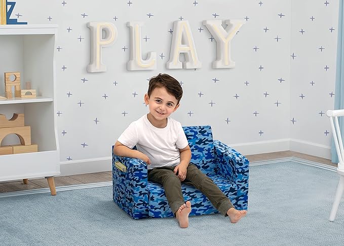 Delta Children Cozee Blue Camo Convertible Foam Chair to Lounger for Kids