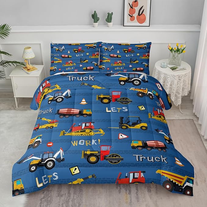 Axolotl Tractor Truck Bedding Set Queen,Excavator Comforter Set,Vehicles Truck Comforter,Boys Bedding Machinery Truck Comforter Construction Site Decor for Kids Boys Teens,1 Quilt 2 Pillowcases,Blue