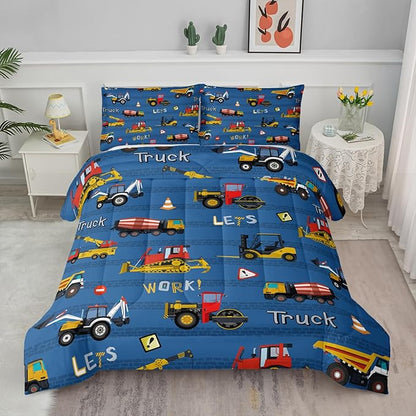 Axolotl Tractor Truck Bedding Set Queen,Excavator Comforter Set,Vehicles Truck Comforter,Boys Bedding Machinery Truck Comforter Construction Site Decor for Kids Boys Teens,1 Quilt 2 Pillowcases,Blue