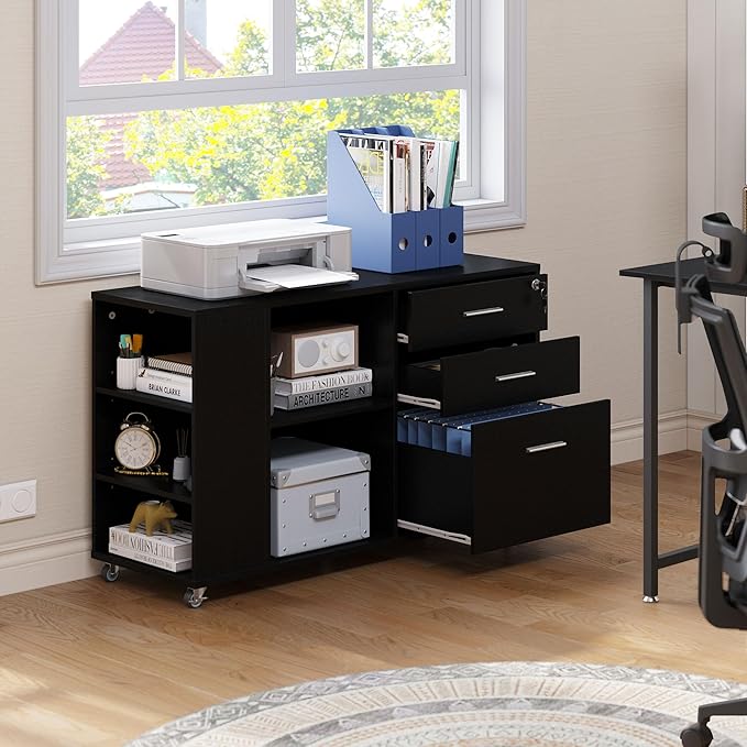 YITAHOME File Cabinet, Mobile Lateral Filing Cabinet with Lock for Home Office, Printer Stand with Open Storage Shelf, Fits A4, Letter, Legal Size Files, Office Furniture, Black