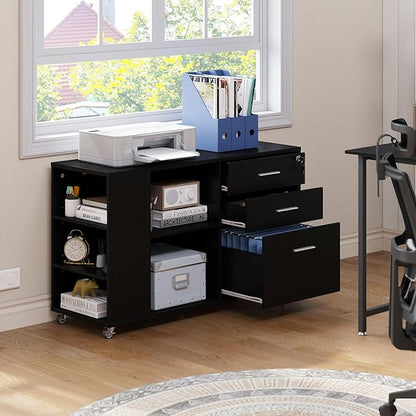 YITAHOME File Cabinet, Mobile Lateral Filing Cabinet with Lock for Home Office, Printer Stand with Open Storage Shelf, Fits A4, Letter, Legal Size Files, Office Furniture, Black